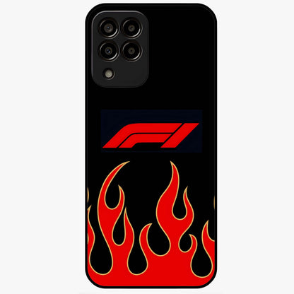 Fire F11 Glass Case showing flat back view with fiery themed artwork and glossy glass finish.