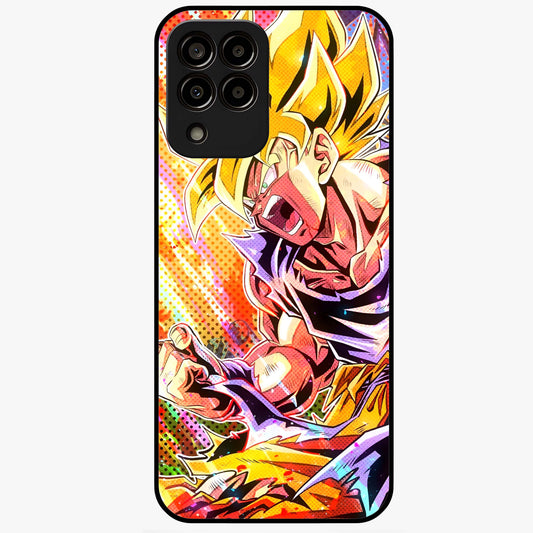 Firing Goku Glass Case showing flat back view with powerful anime inspired artwork and glossy glass finish.