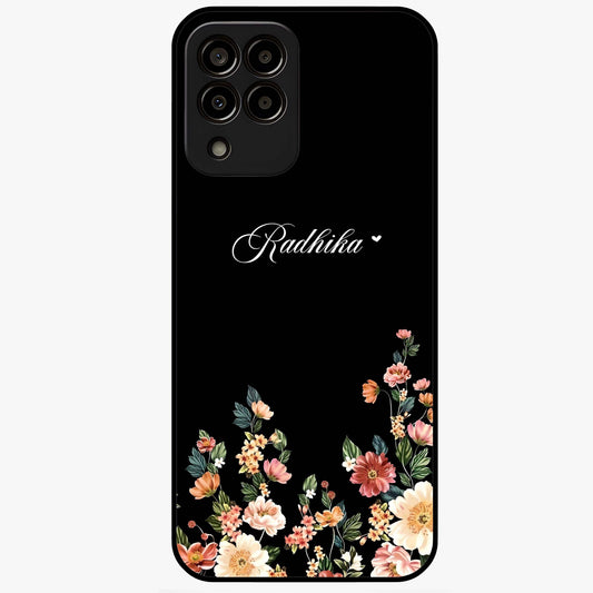 Floral Design With a Custom Personalized Name Glass Case showing flat back view with floral artwork and personalized name design.
