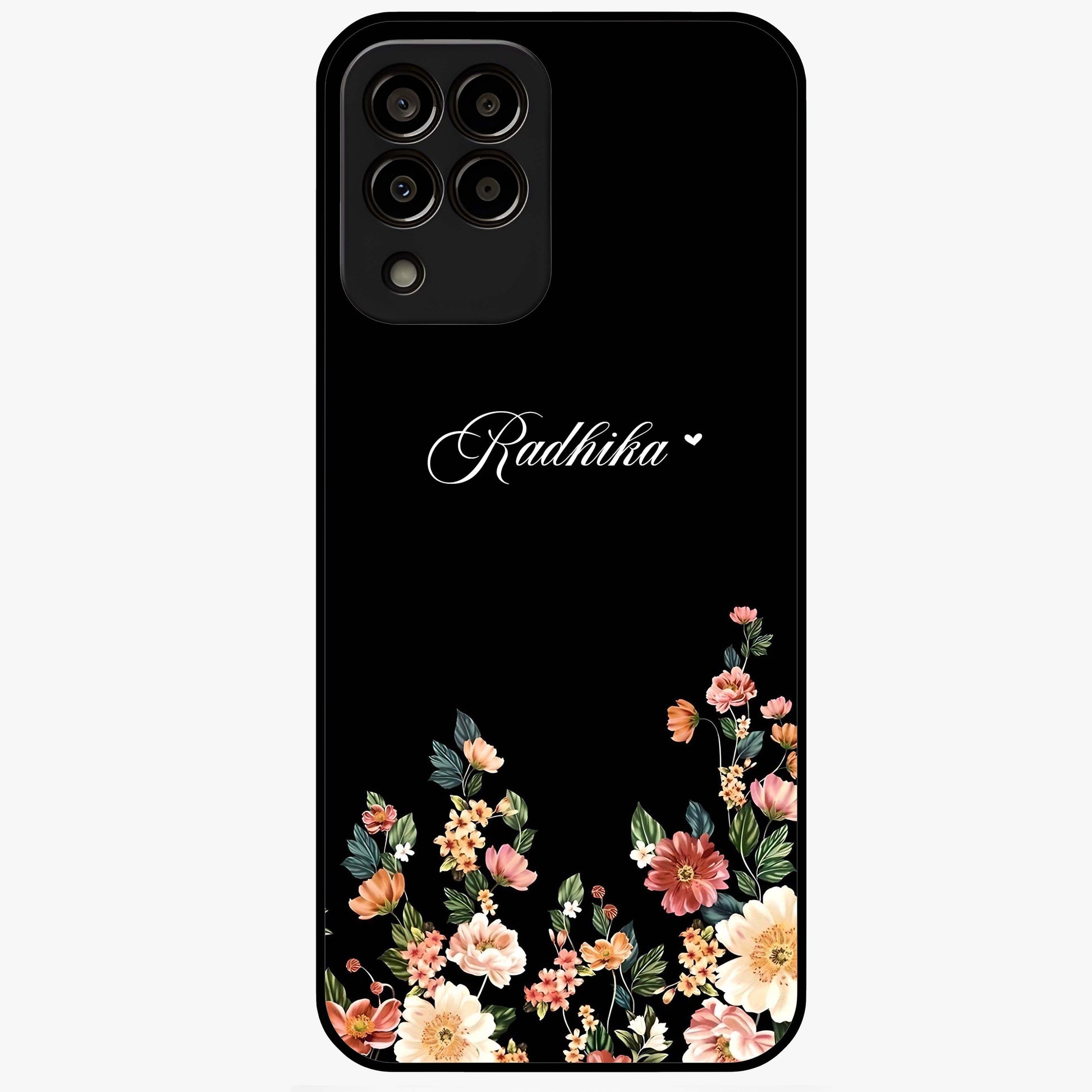 Floral Design With a Custom Personalized Name Glass Case showing flat back view with floral artwork and personalized name design.