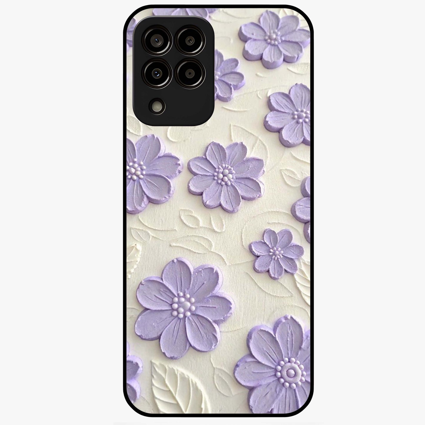 Floral Wall Art With Purple Flowers Glass Case showing flat back view with purple flower artwork and glossy glass finish.