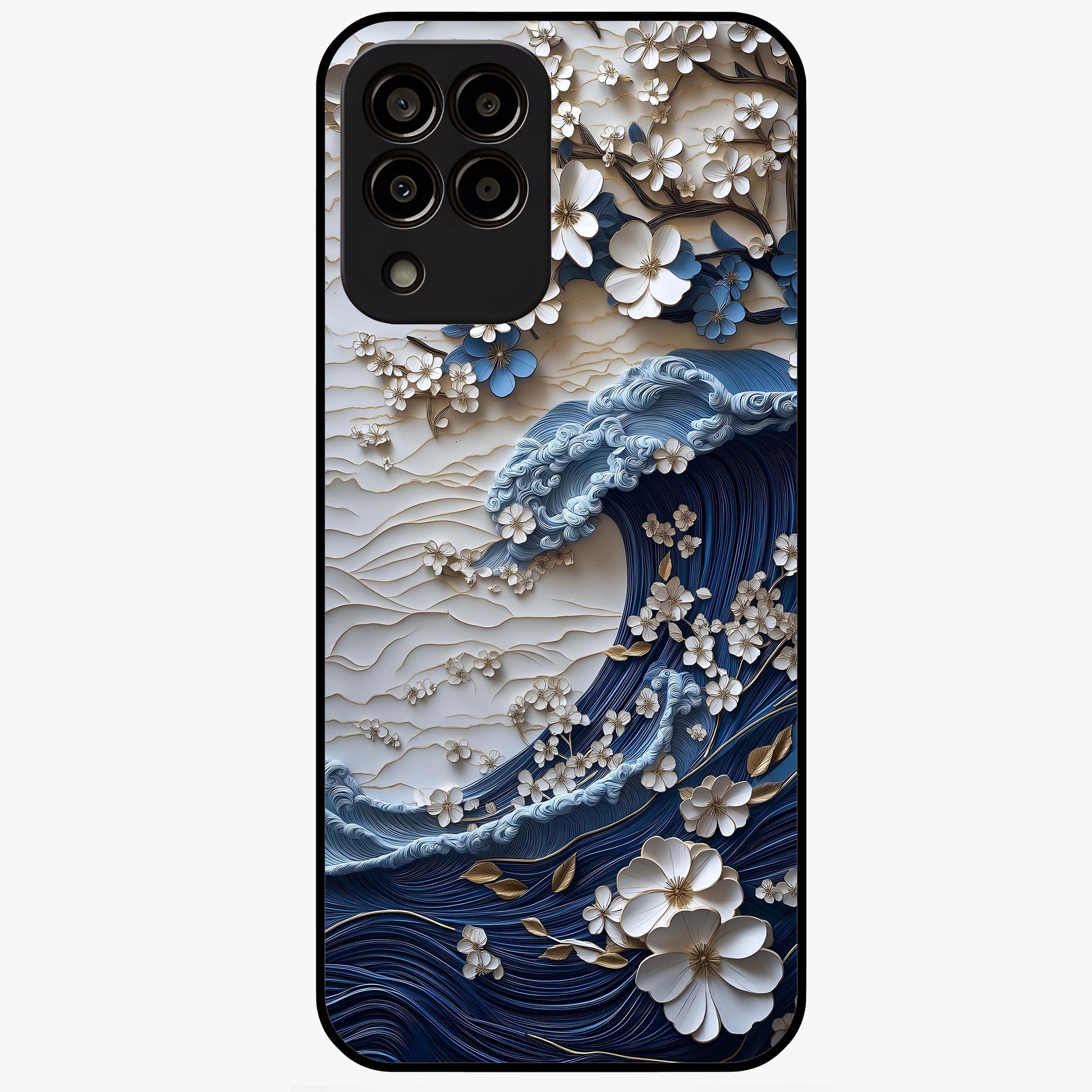 Floral Wave Origami Glass Case showing flat back view with origami inspired floral wave artwork and glossy glass finish.