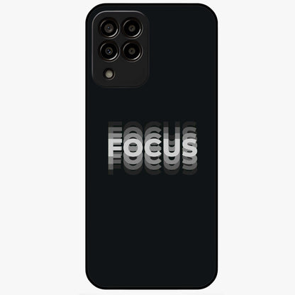 Focus Mode On Glass Case showing flat back view with bold motivational typography design and glossy glass finish.