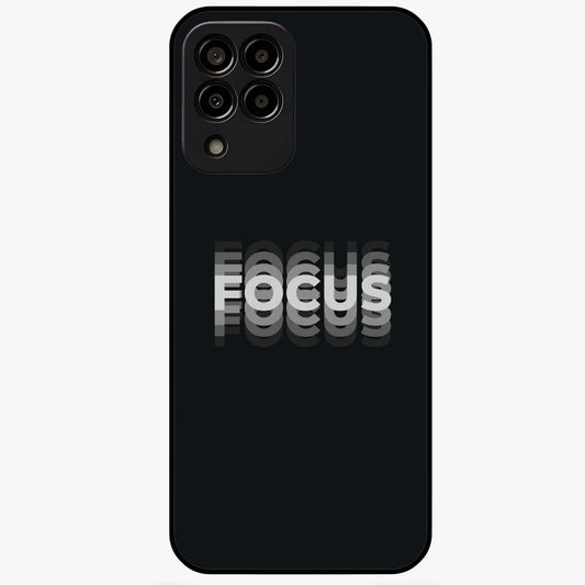 Focus Mode On Glass Case showing flat back view with bold motivational typography design and glossy glass finish.