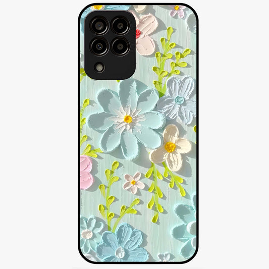 Frosted Petal Garden Glass Case showing flat back view with soft frosted floral artwork and glossy glass finish.