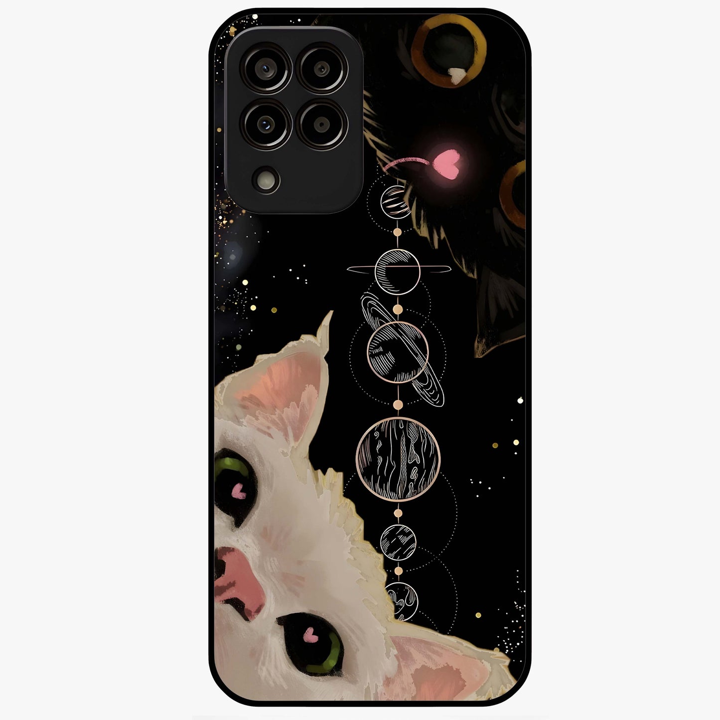 Galactic Cat Glass Case showing flat back view with cosmic cat artwork and glossy glass finish.