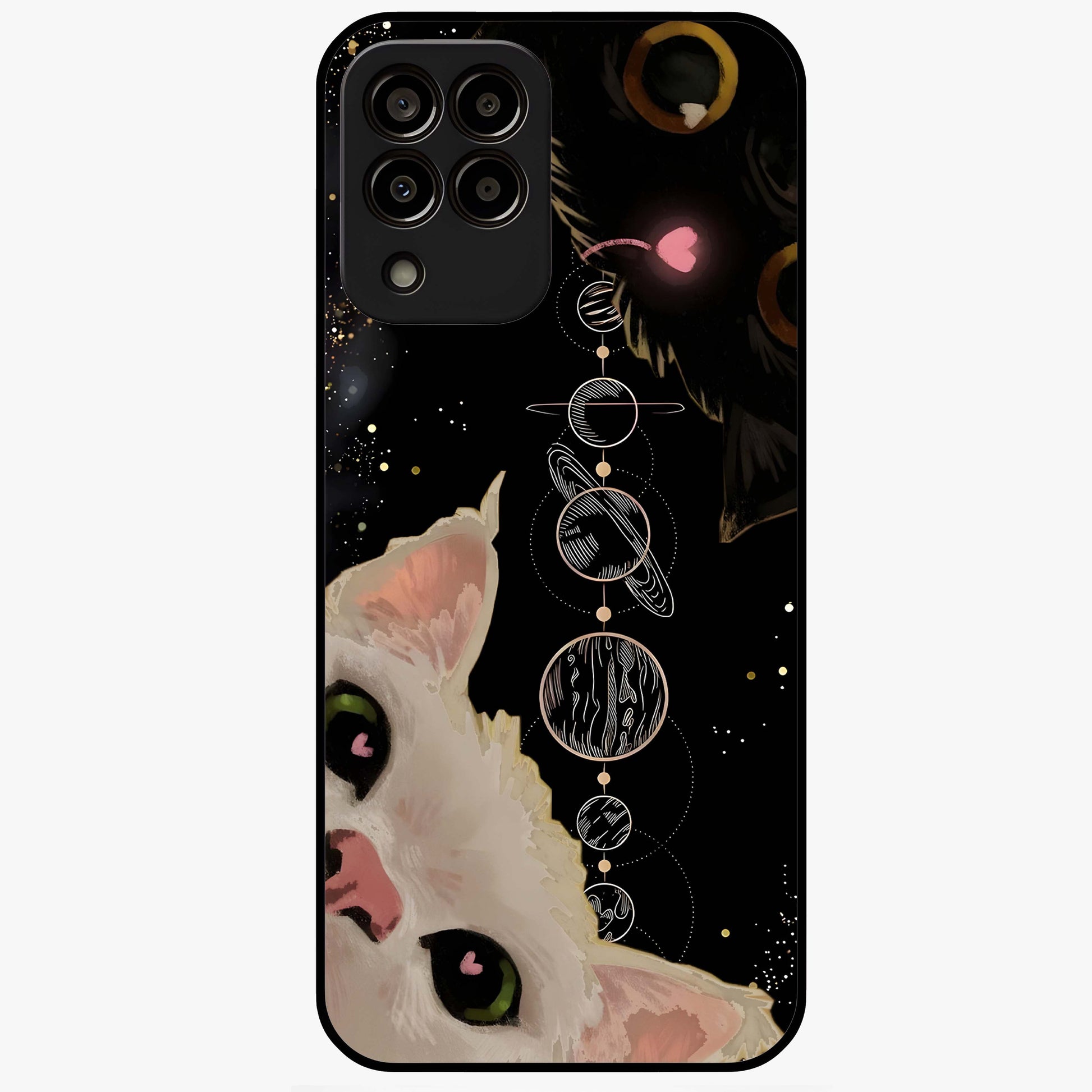 Galactic Cat Glass Case showing flat back view with cosmic cat artwork and glossy glass finish.