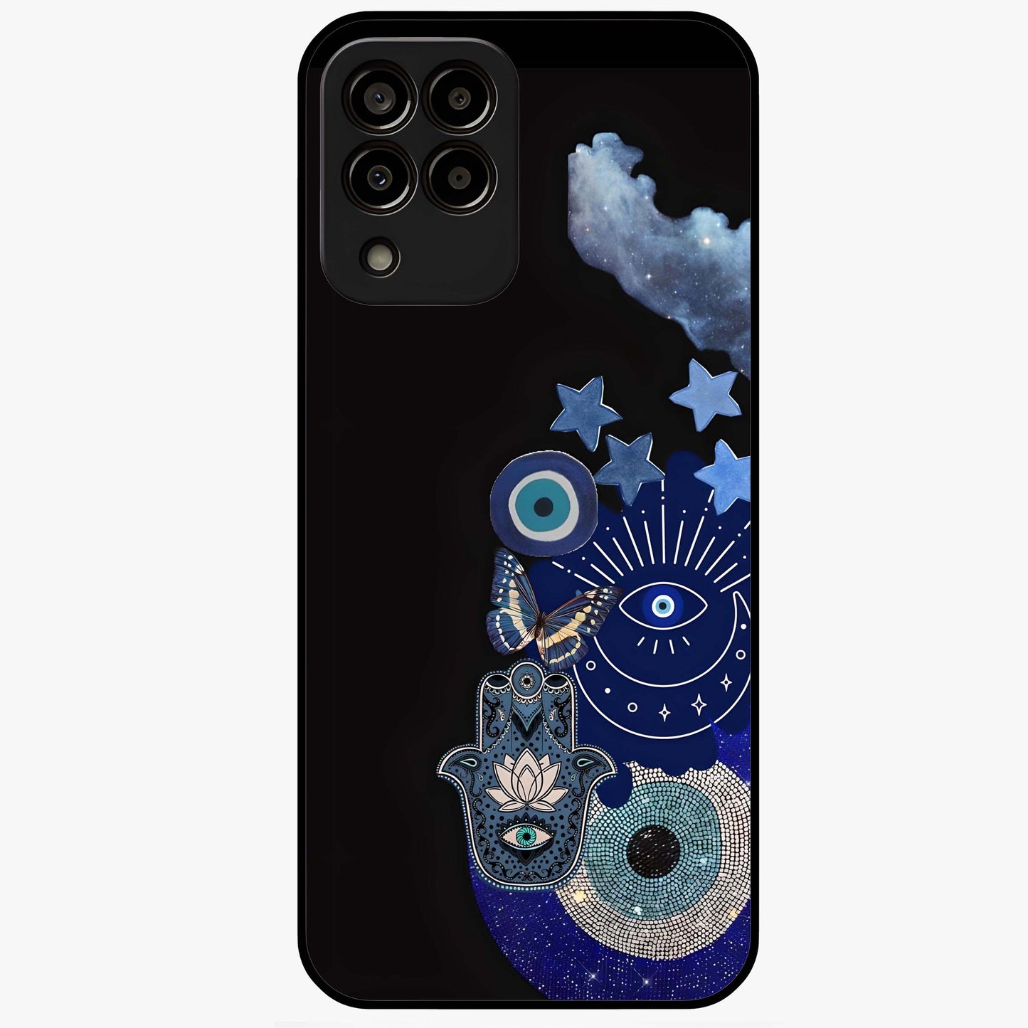 Galactic Charm Cluster Glass Case showing flat back view with glowing celestial charm artwork and glossy glass finish.