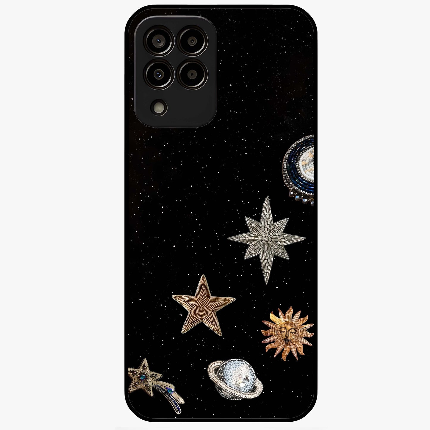 Galactic Charm Glow Glass Case showing flat back view with glowing celestial charm artwork and glossy glass finish.