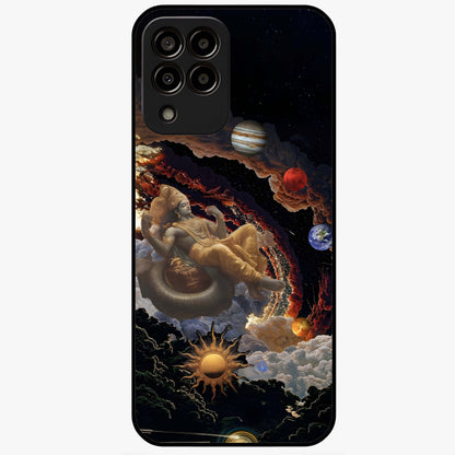 Galactic Divine God Glass Case showing flat back view with divine cosmic themed artwork and glossy glass finish.
