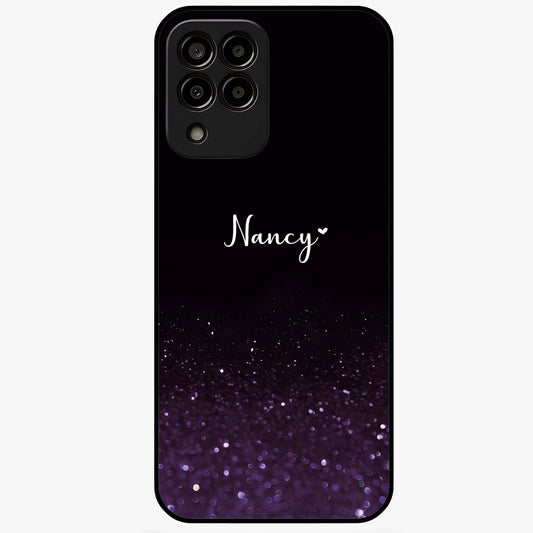 Glittery Purple Bokeh Custom Name Glass Case showing flat back view with purple bokeh sparkle artwork and personalized name design.