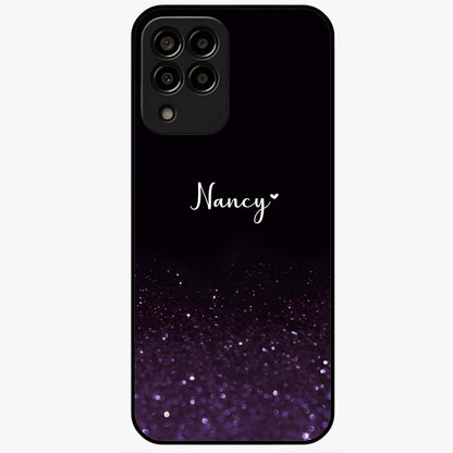 Glittery Purple Bokeh Custom Name Glass Case showing flat back view with purple bokeh sparkle artwork and personalized name design.