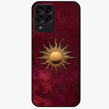 Gold Sun Blush Glass Case showing flat back view with golden sun inspired artwork and glossy glass finish.