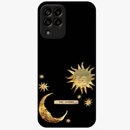 Golden Celestial Charm Glass Case showing flat back view with golden celestial charm artwork and glossy glass finish.