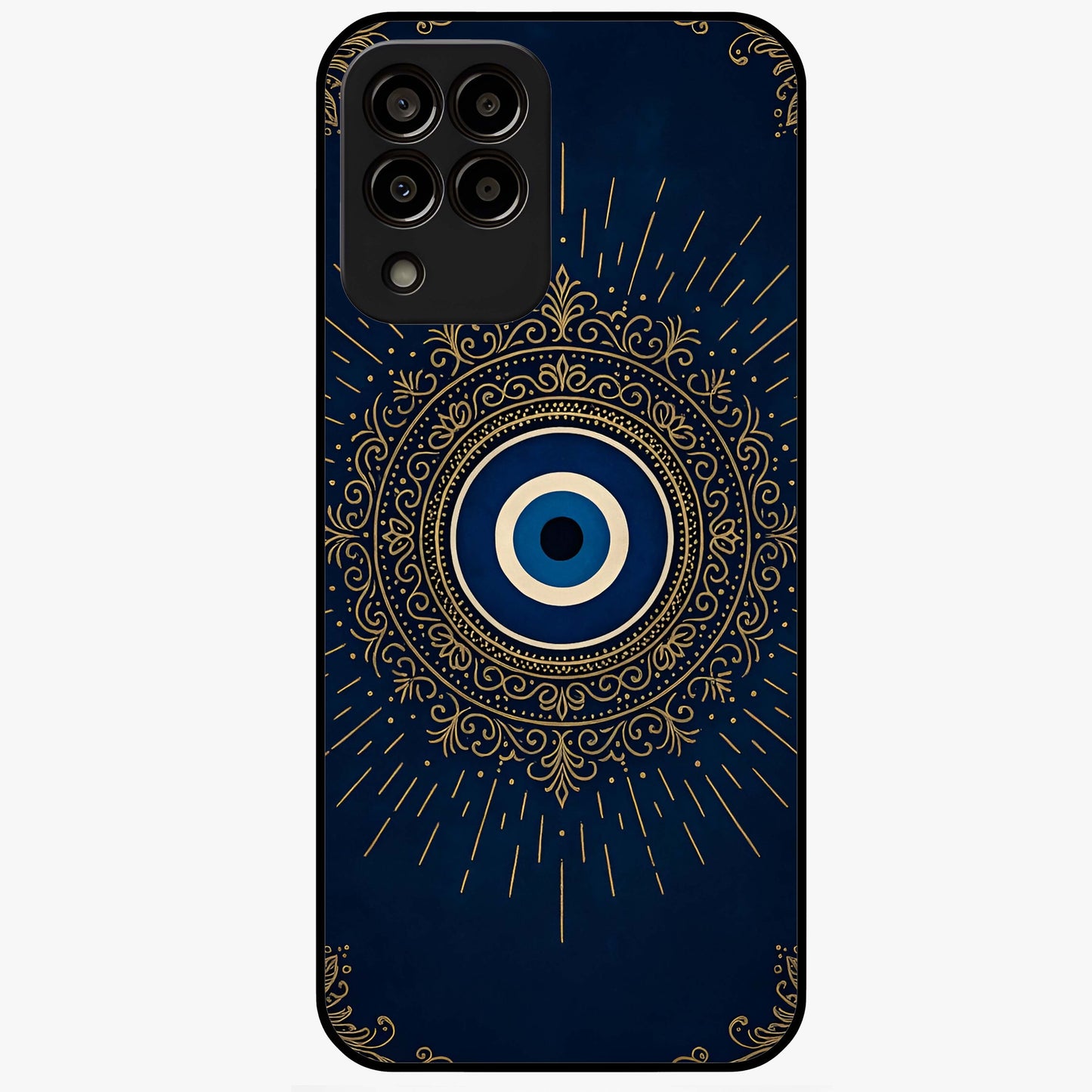 Golden Evil Eye Mandala Glass Case showing flat back view with intricate evil eye mandala artwork and glossy glass finish.
