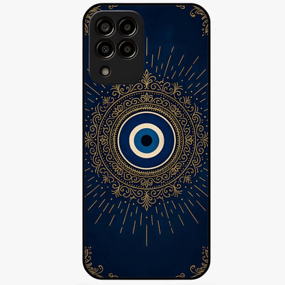 Golden Evil Eye Mandala Glass Case showing flat back view with intricate evil eye mandala artwork and glossy glass finish.