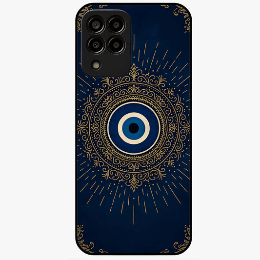 Golden Evil Eye Mandala Glass Case showing flat back view with intricate evil eye mandala artwork and glossy glass finish.