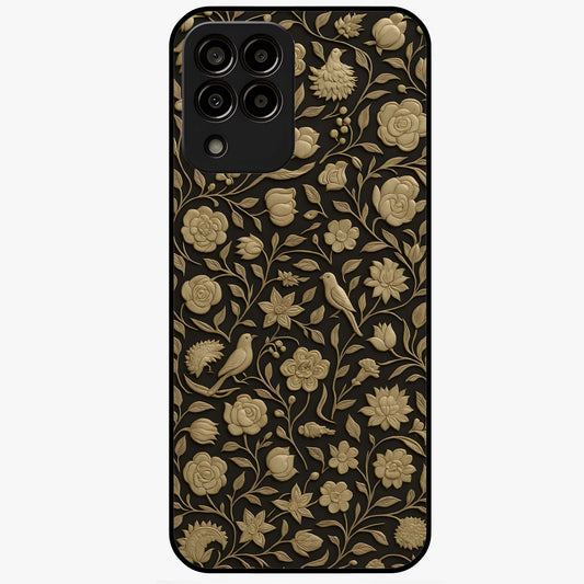 Golden Floral Majesty Glass Case showing flat back view with luxurious golden floral artwork and glossy glass finish.