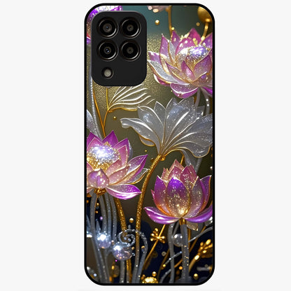 Golden Lotus Glow Glass Case showing flat back view with glowing lotus flower artwork and glossy glass finish.