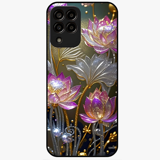 Golden Lotus Glow Glass Case showing flat back view with glowing lotus flower artwork and glossy glass finish.