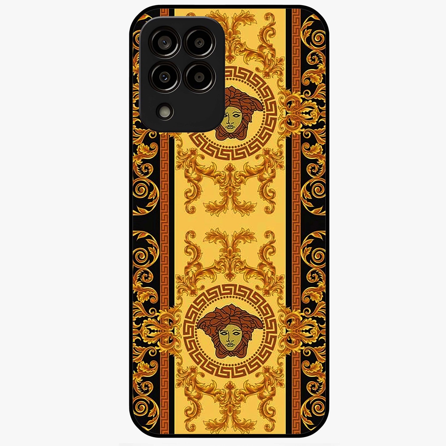 Golden Royal Heritage Glass Case showing flat back view with ornate royal pattern artwork and glossy glass finish.