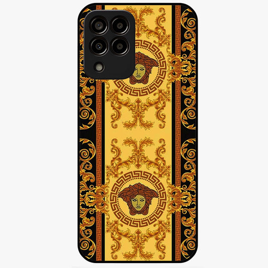 Golden Royal Heritage Glass Case showing flat back view with ornate royal pattern artwork and glossy glass finish.