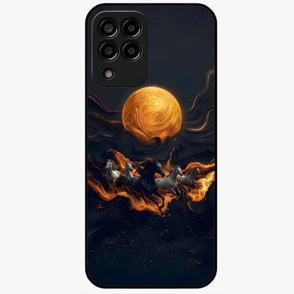 Golden Stallion Moonride Glass Case showing flat back view with majestic horse under moonlight artwork and glossy glass finish.