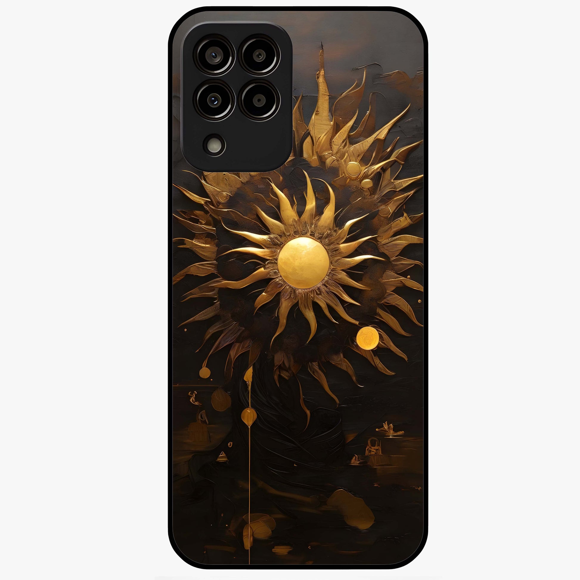 Golden Sun Majesty Glass Case showing flat back view with radiant golden sun artwork and glossy glass finish.