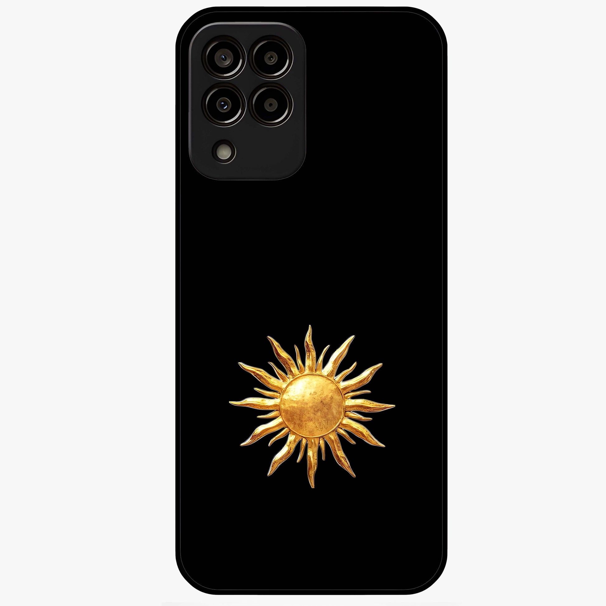 Golden Sun Minimalism Glass Case showing flat back view with minimal golden sun artwork and glossy glass finish.