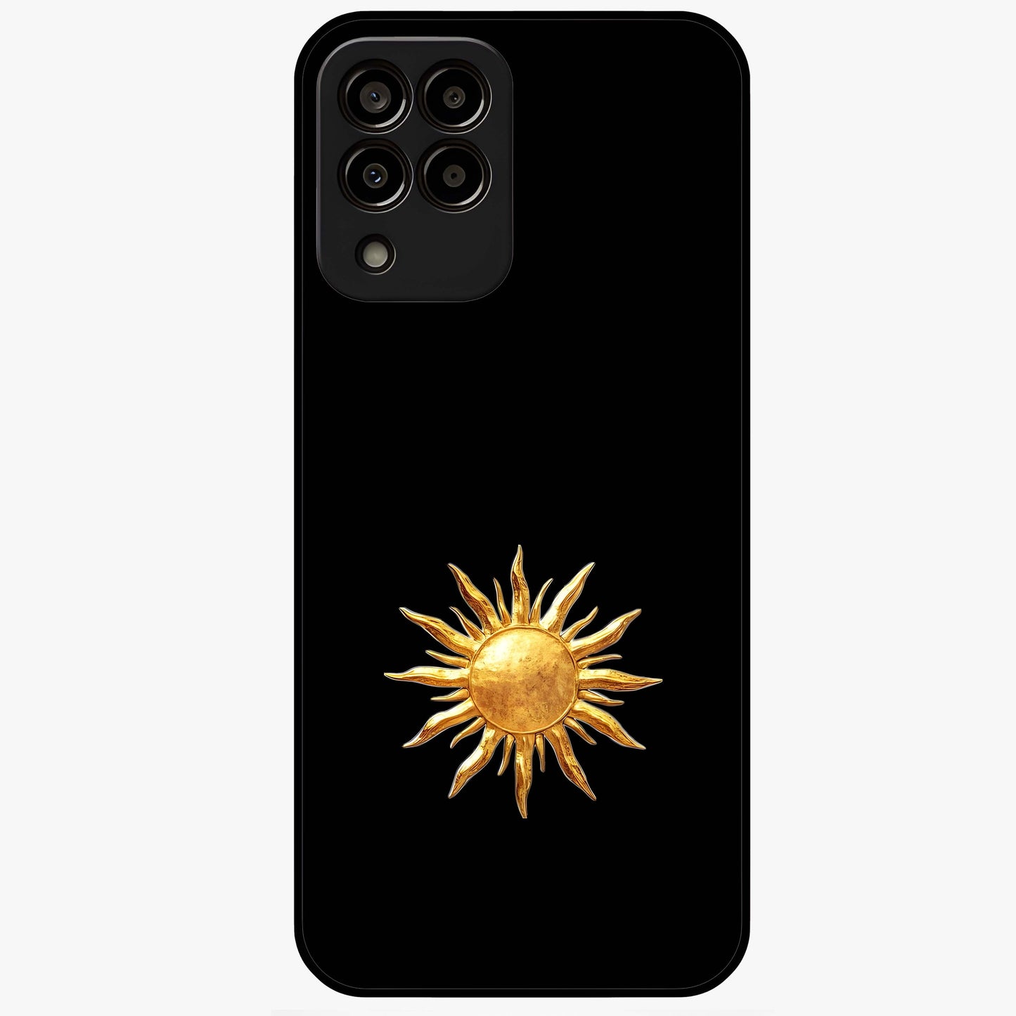 Golden Sun Minimalism Glass Case showing flat back view with minimal golden sun artwork and glossy glass finish.