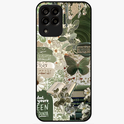 Green Islamic Books Quotes Glass Case showing flat back view with Islamic quotes and book themed artwork and glossy glass finish.