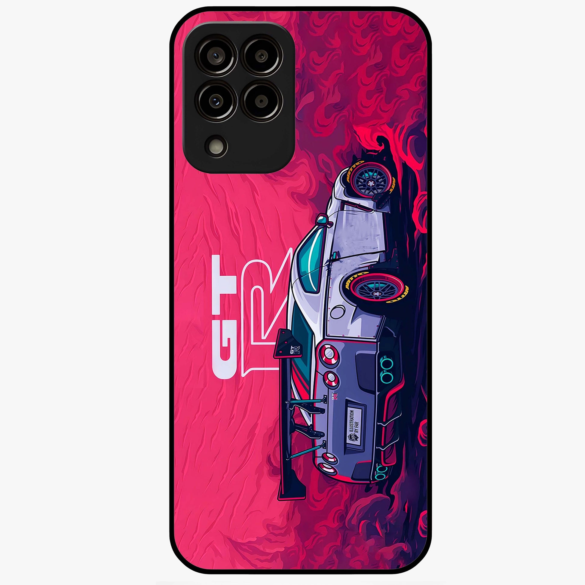 GT-R Car Pattern Glass Case showing flat back view with sporty car inspired pattern artwork and glossy glass finish.