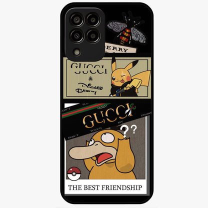 Gucci Play Mashup Glass Case showing flat back view with luxury inspired graphic artwork and glossy glass finish.
