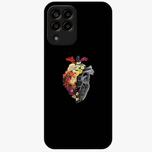Heart With Flowers Glass Case showing flat back view with heart shaped floral artwork and glossy glass finish.