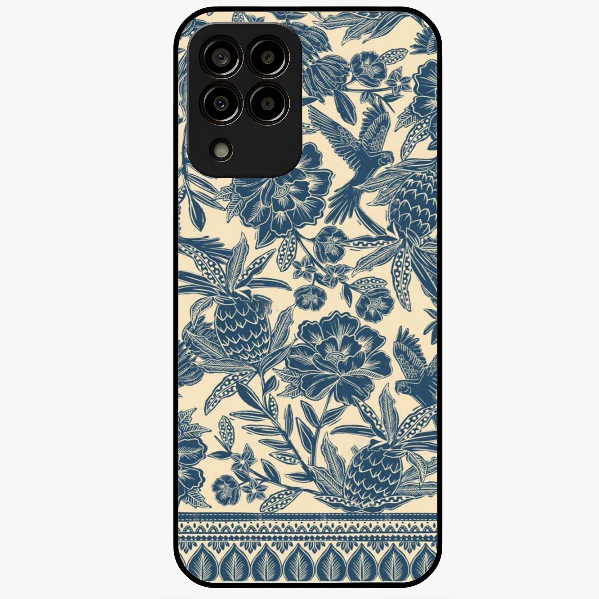 Heirloom Wild Bloom Glass Case showing flat back view with vintage inspired wild flower artwork and glossy glass finish.