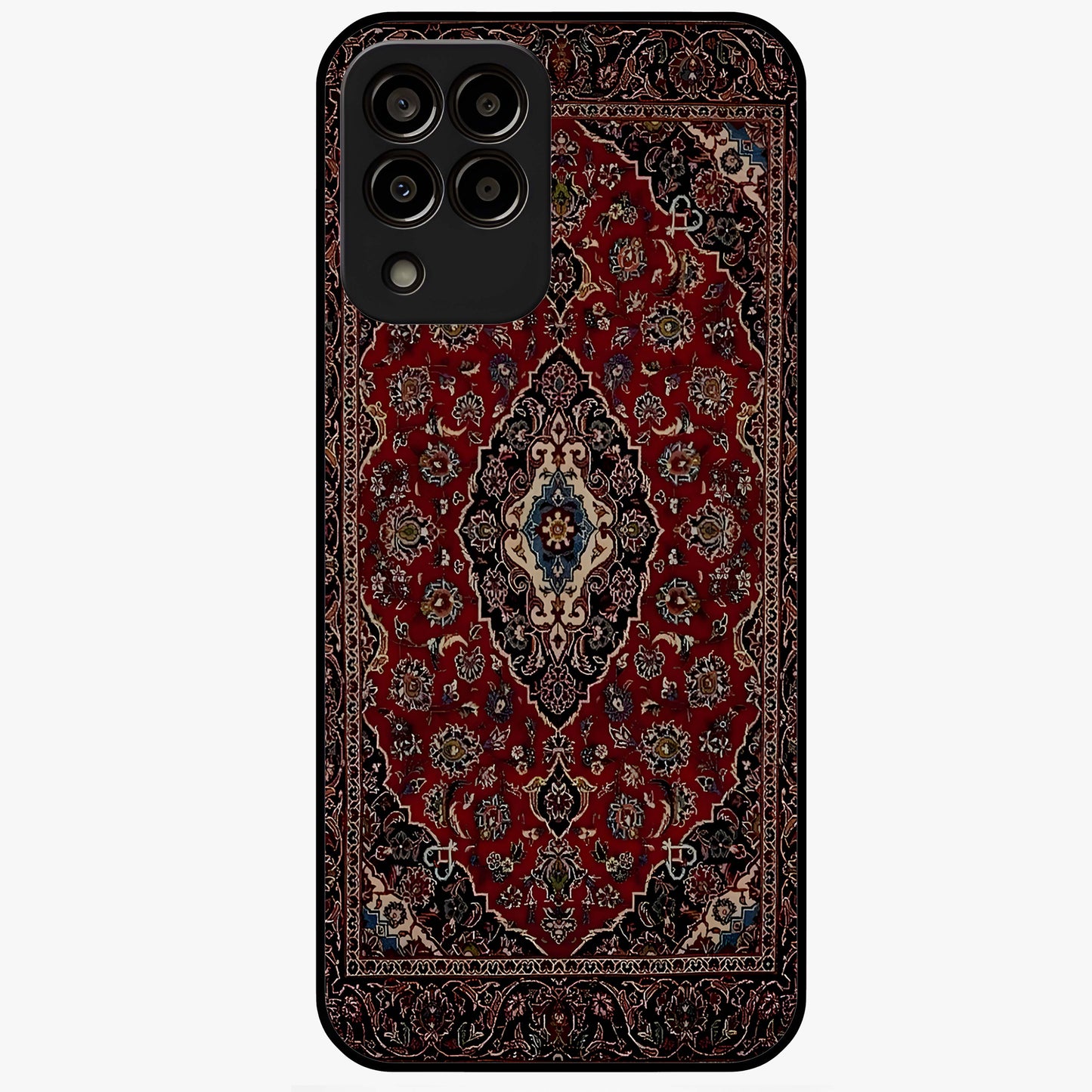 Heritage Carpet Royale Glass Case showing flat back view with ornate Persian carpet inspired pattern and glossy glass finish.