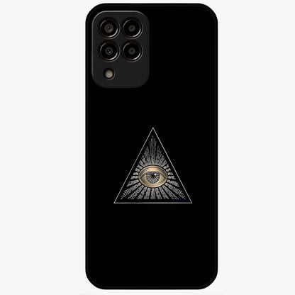 Illuminati Evil Glass Case showing flat back view with mysterious illuminati symbol artwork and glossy glass finish.