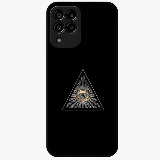 Illuminati Evil Glass Case showing flat back view with mysterious illuminati symbol artwork and glossy glass finish.