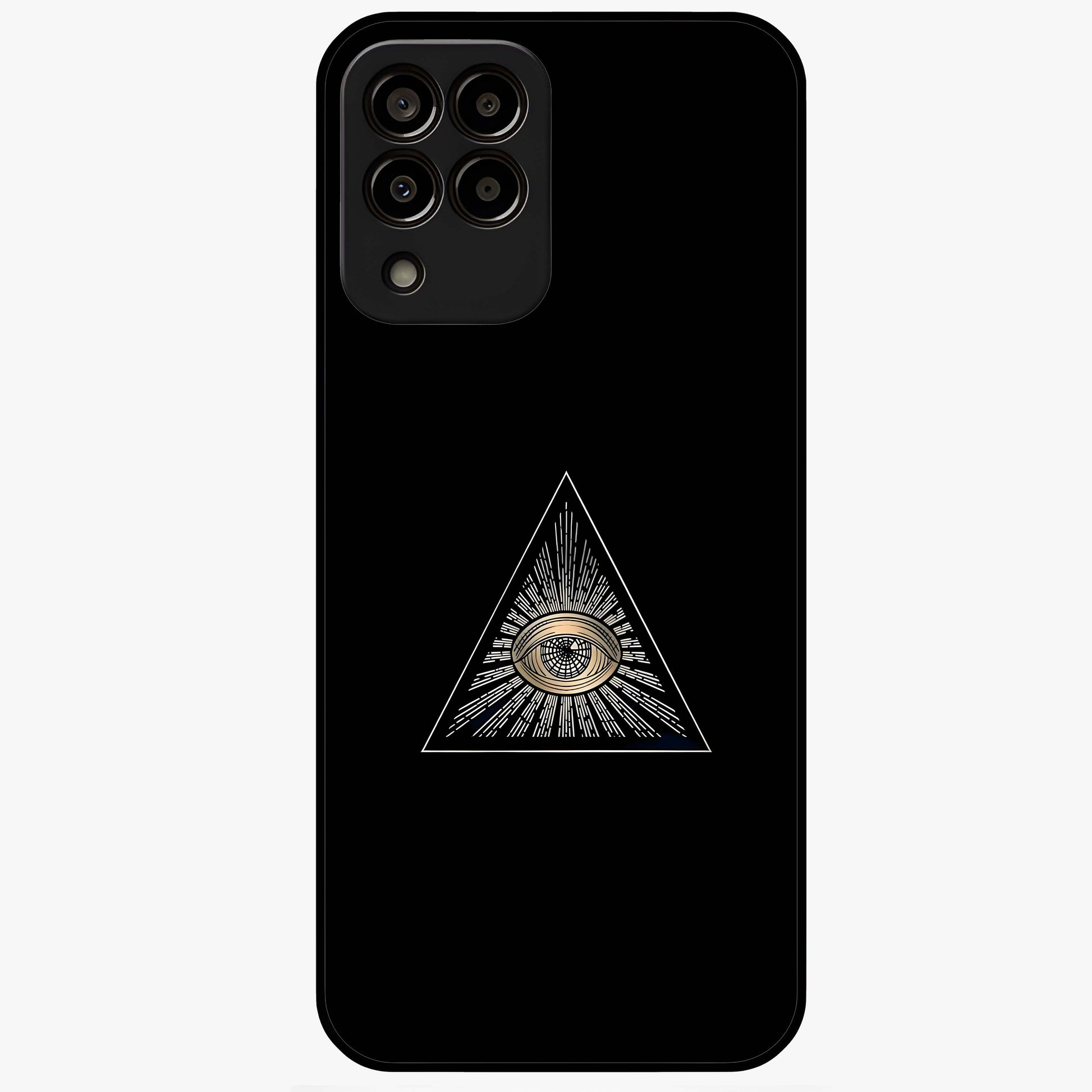 Illuminati Evil Glass Case showing flat back view with mysterious illuminati symbol artwork and glossy glass finish.