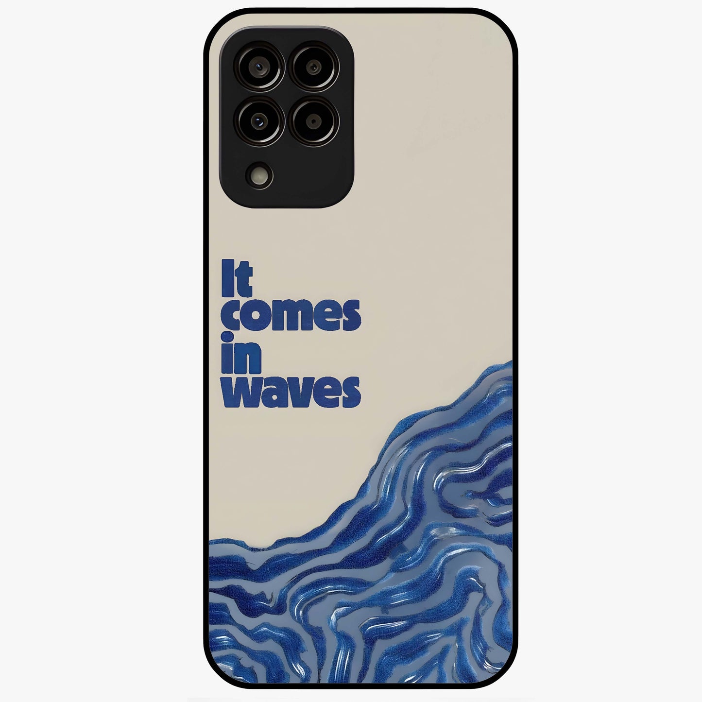 It Comes In Waves Quote Glass Case showing flat back view with inspirational wave themed quote artwork and glossy glass finish.