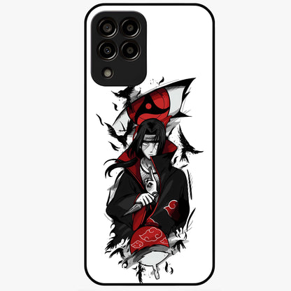 Itachi Sharingan Glass Case showing flat back view with powerful anime eye artwork and glossy glass finish.