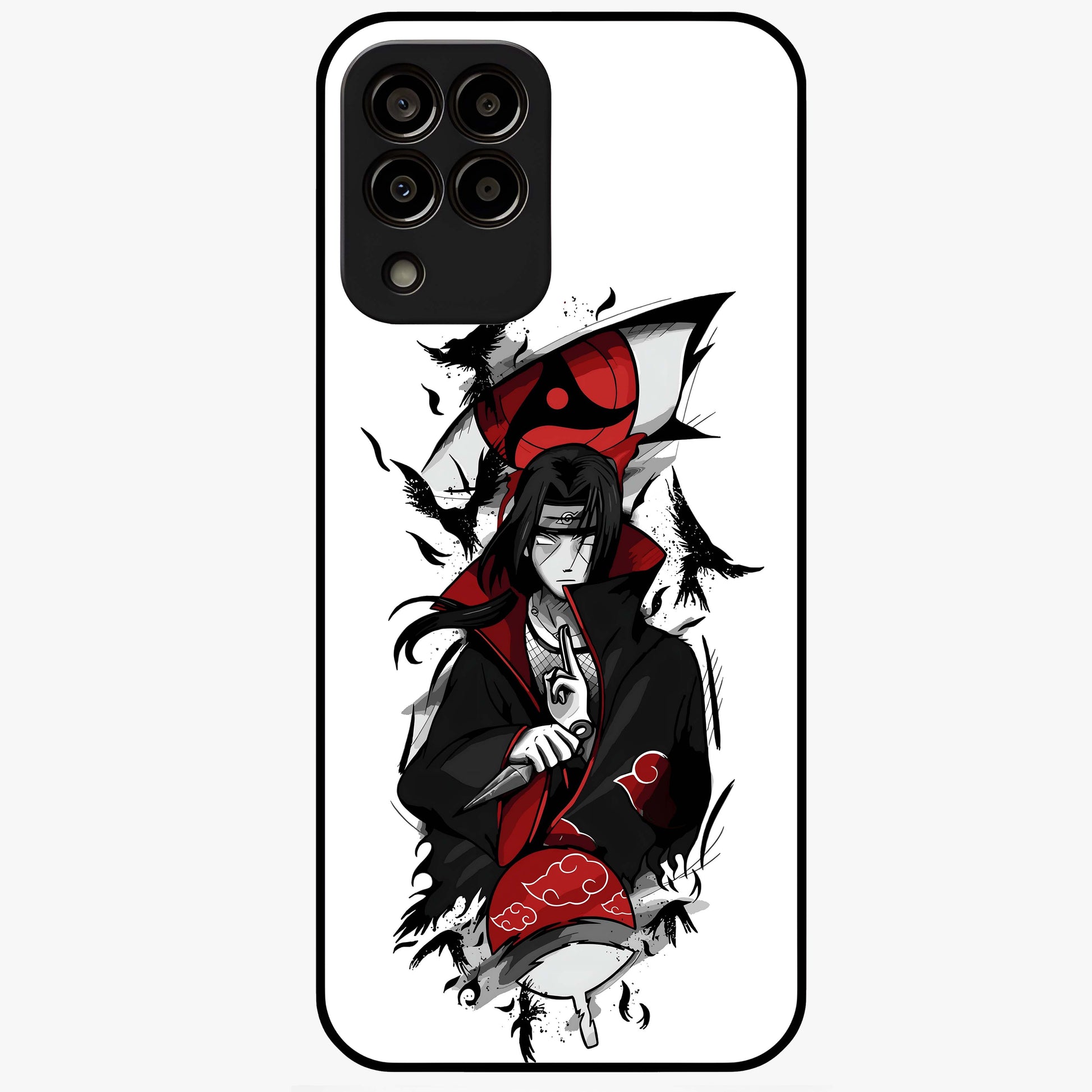 Itachi Sharingan Glass Case showing flat back view with powerful anime eye artwork and glossy glass finish.