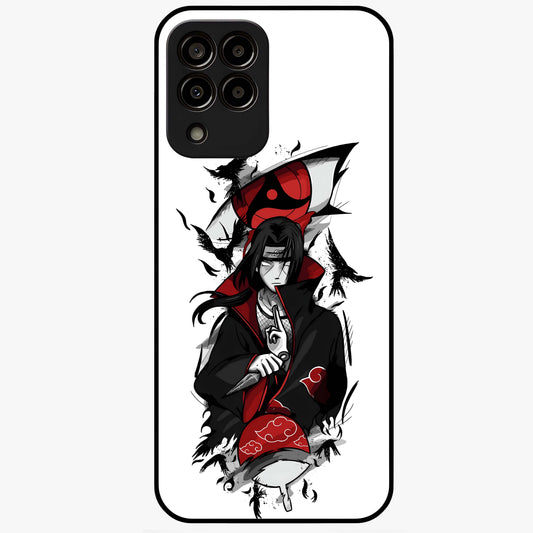 Itachi Sharingan Glass Case showing flat back view with powerful anime eye artwork and glossy glass finish.