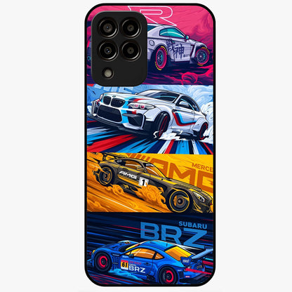 JDM Sports Car Glass Case showing flat back view with high performance sports car artwork and glossy glass finish.