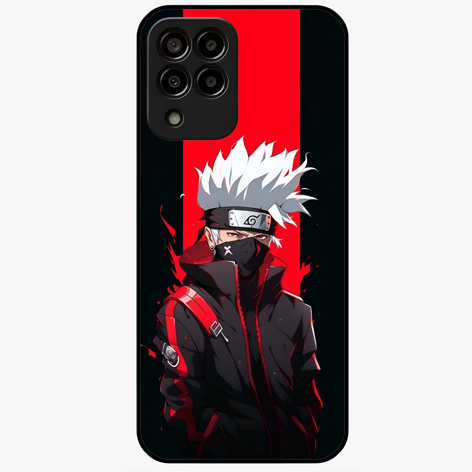 Kakashi Scarlet Shadow Glass Case showing flat back view with powerful anime ninja artwork and glossy glass finish.
