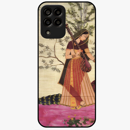 Lady With Veena Art Glass Case showing flat back view with elegant woman playing veena artwork and glossy glass finish.