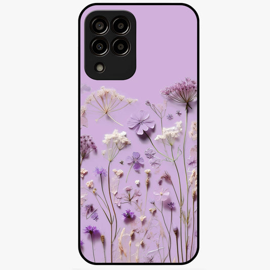 Lavender Blossom Dream Glass Case showing flat back view with soft lavender floral artwork and glossy glass finish.