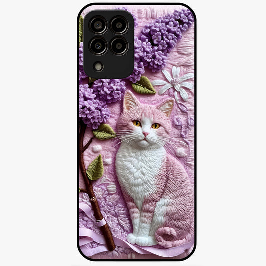 Lavender Cat Whimsy Glass Case showing flat back view with cute lavender cat artwork and glossy glass finish.
