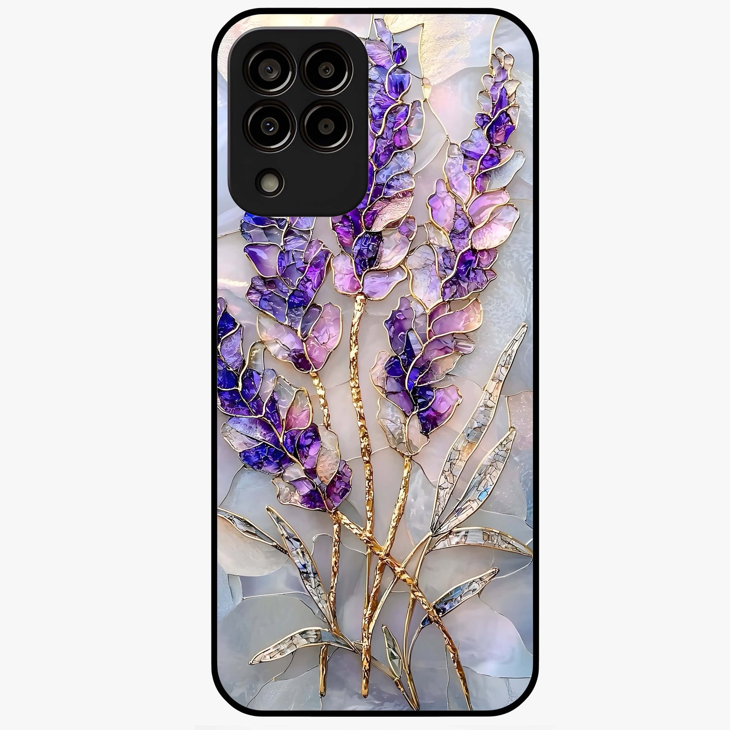 Lavender Dream Glow Glass Case showing flat back view with glowing lavender aesthetic artwork and glossy glass finish.