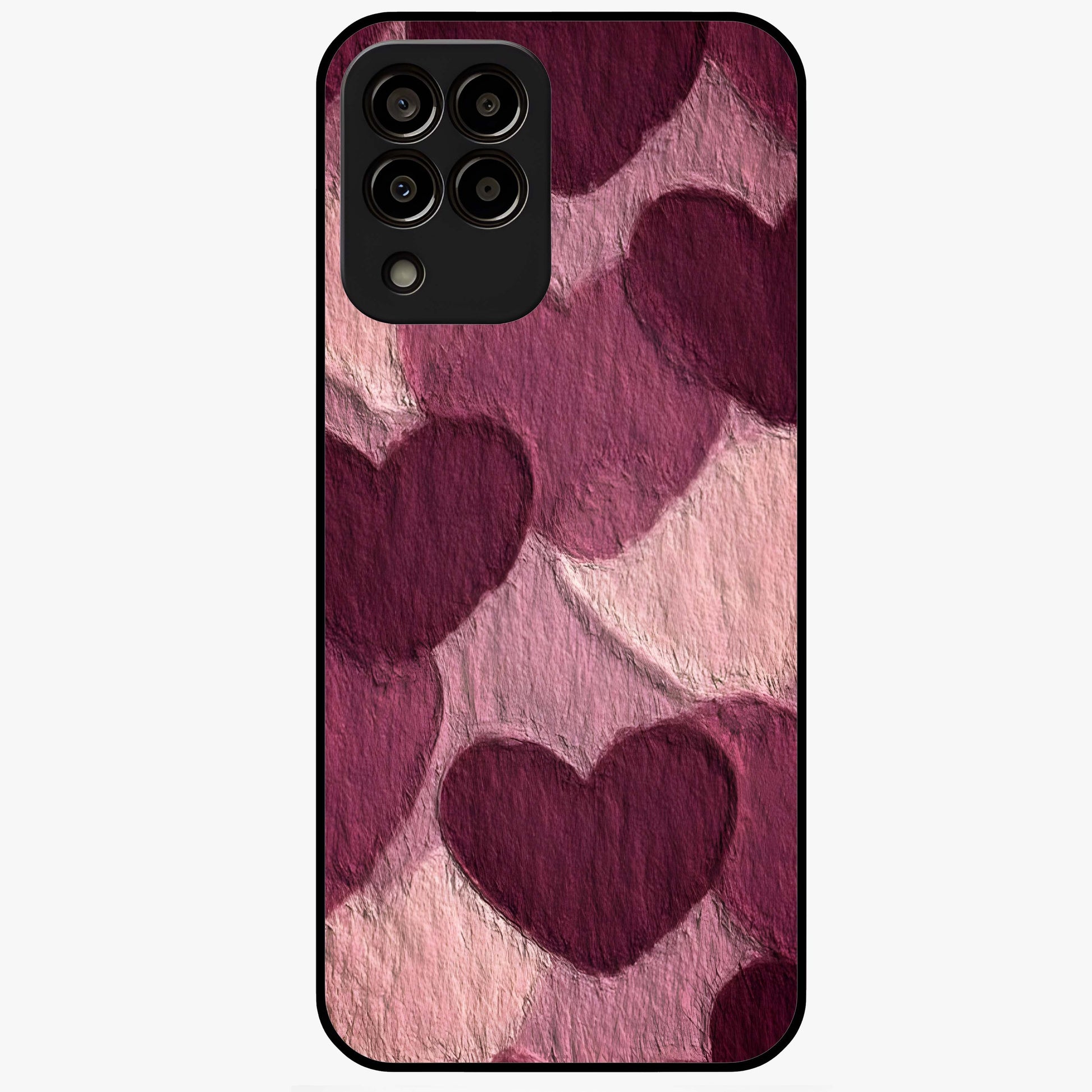 Layered Paper Hearts Glass Case showing flat back view with layered paper heart artwork and glossy glass finish.